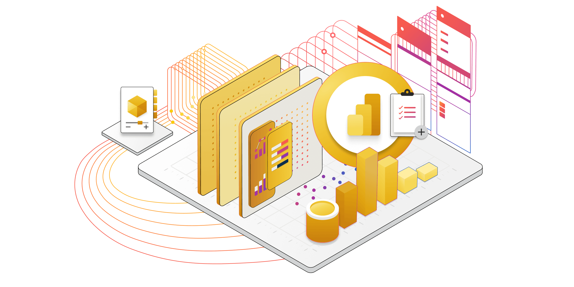 En isometrisk illustration af tekniske komponenter til Power BI-tjenester.